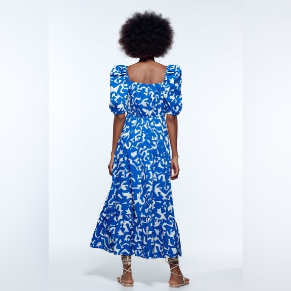 Zara Printed Poplin Dress Blue White Frill Puff Sleeve Maxi / Midi Dress size S - Picture 3 of 12